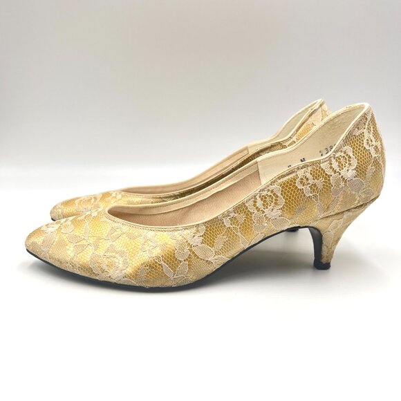 Vintage‎ Cream Lace Over Gold Cottagecore Kitten Heels Pumps Shoes - Picture 6 of 14